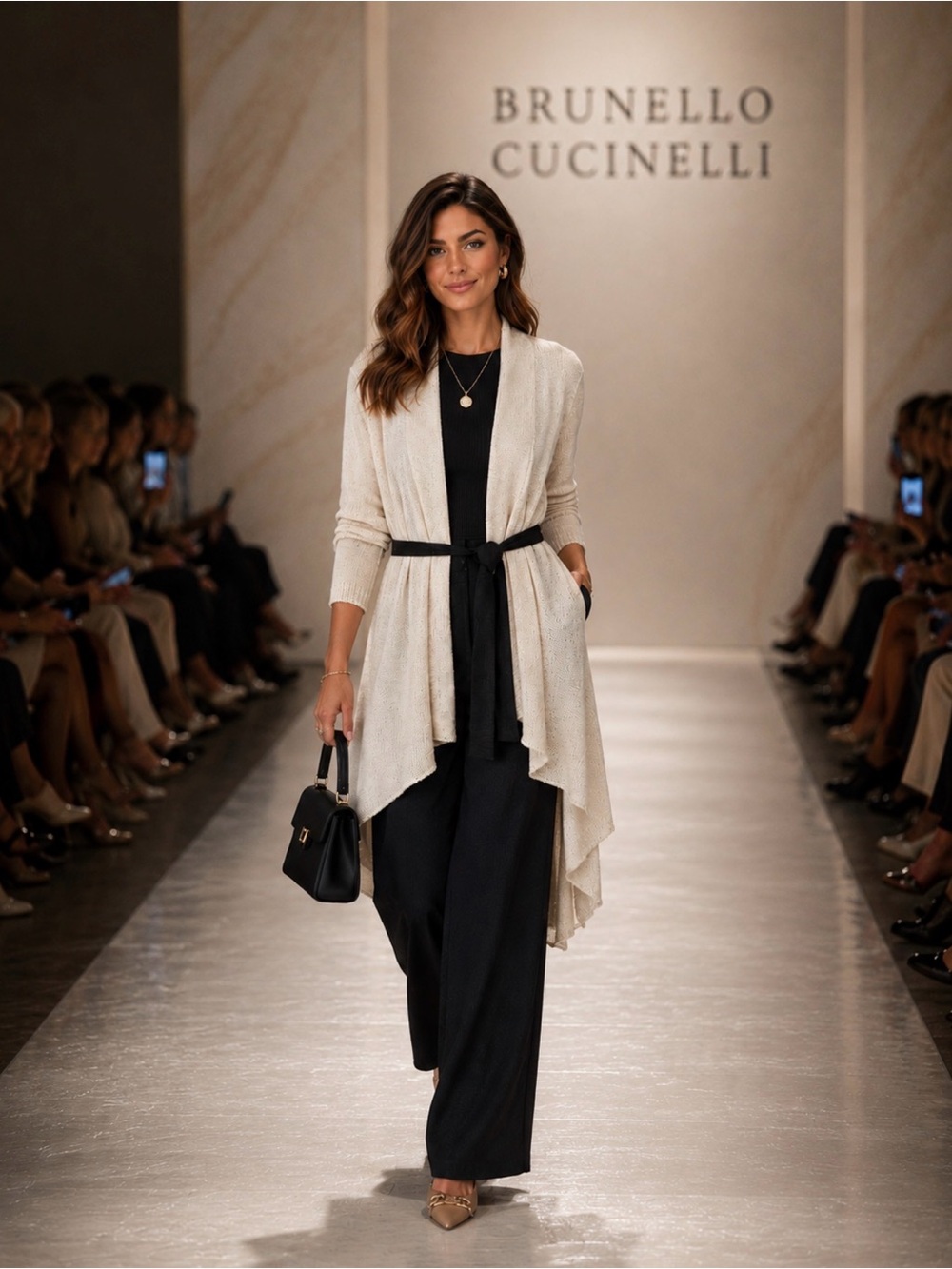 Brunello Cucinelli Cream Draped Cardigan with Black Belt and Wide-Leg Pants